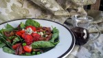 Spinach Salad with Sweet Peas, Strawberries, and Maple-Balsamic Vinaigrette